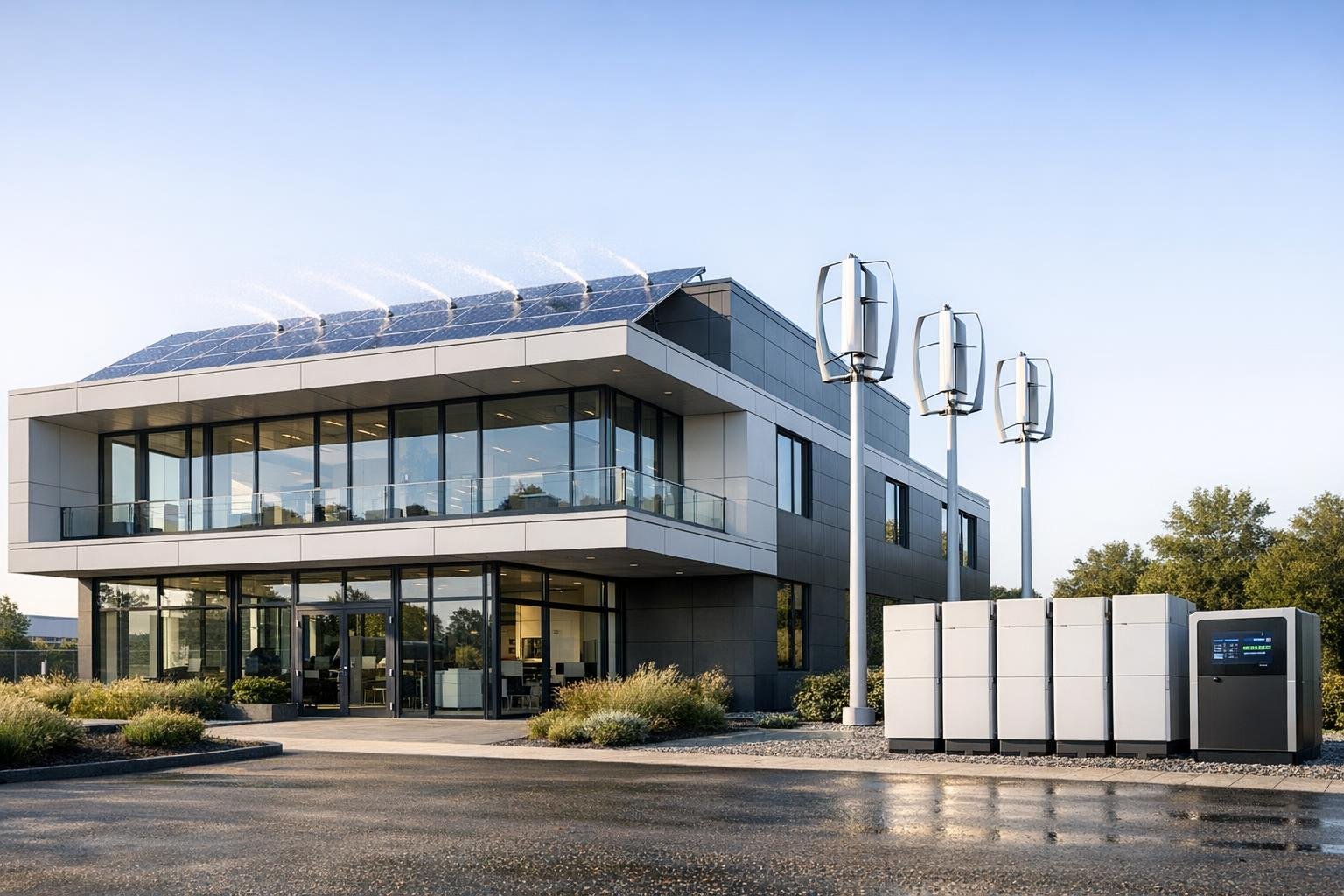 Modern kantoorgebouw met zonnepanelen en windturbines in een groene omgeving.
