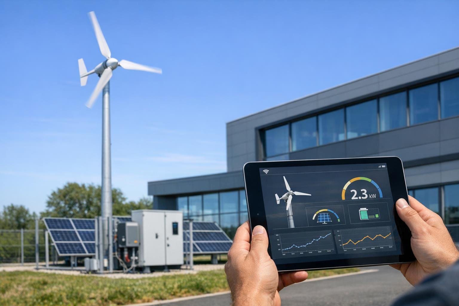 Een persoon bekijkt energiegegevens op een tablet naast een windturbine en zonnepanelen.