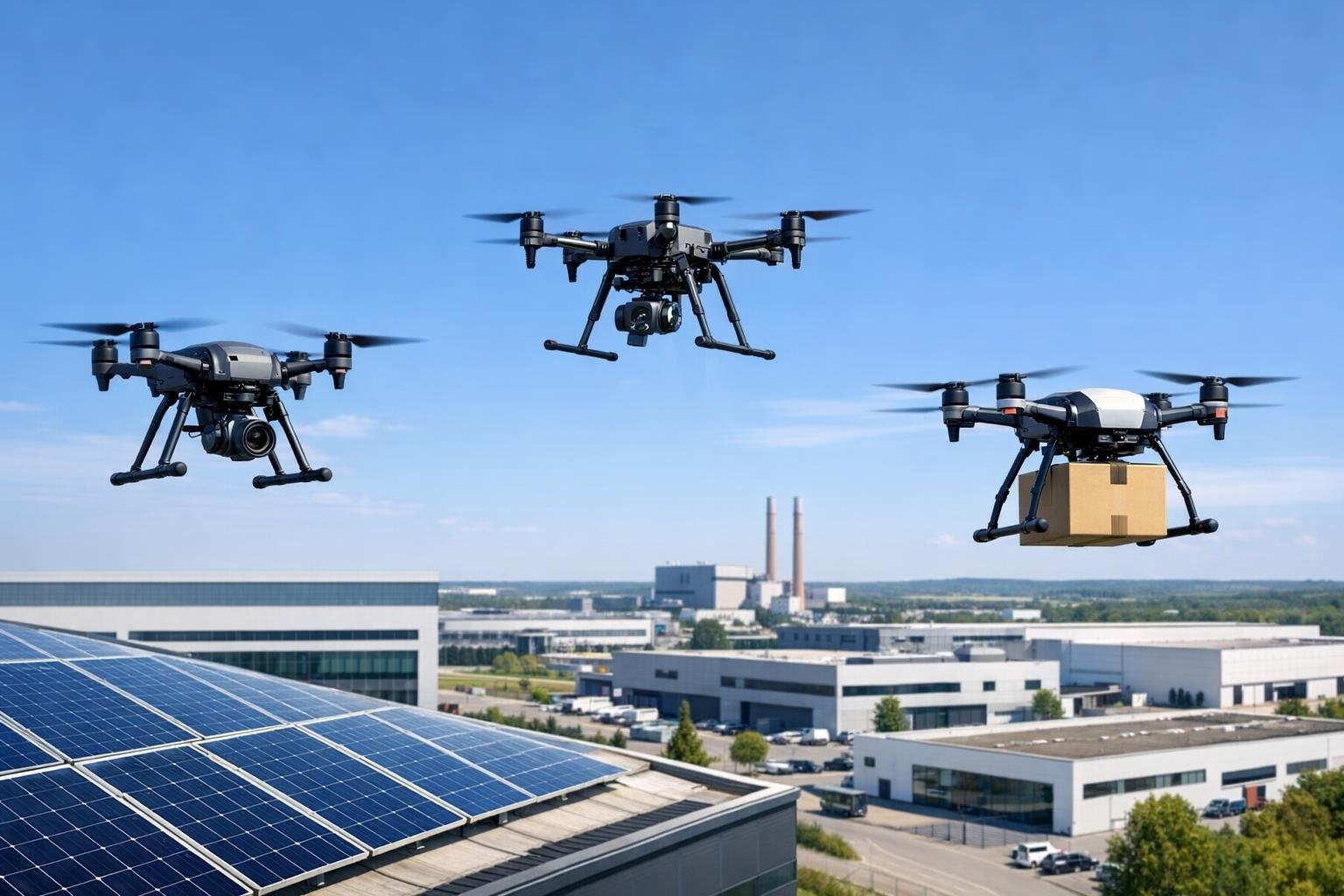 Drie drones vliegen boven een industrieterrein met zonnepanelen en fabrieken.