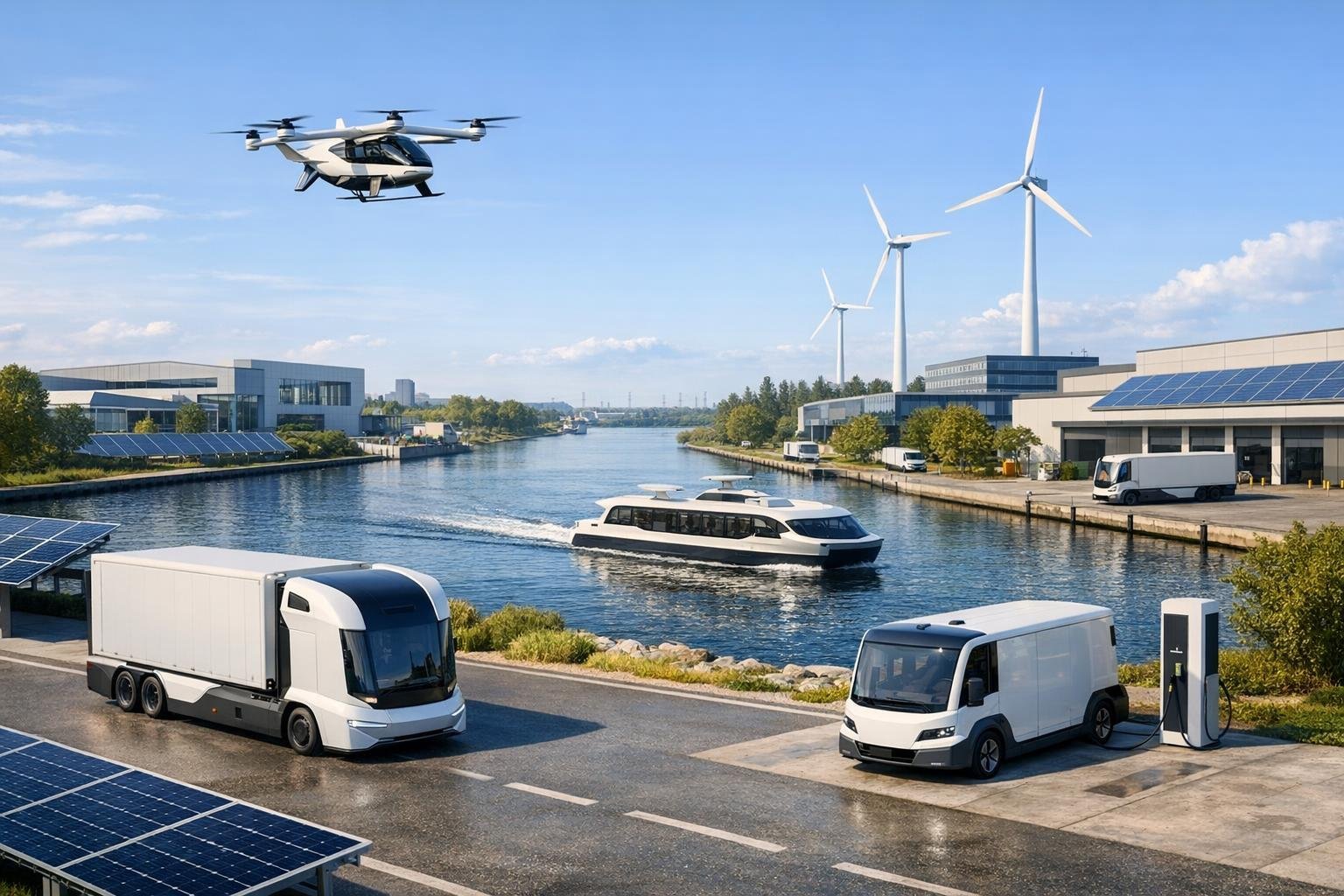 Toekomstige transportmiddelen bij een waterweg met windmolens en zonnepanelen.