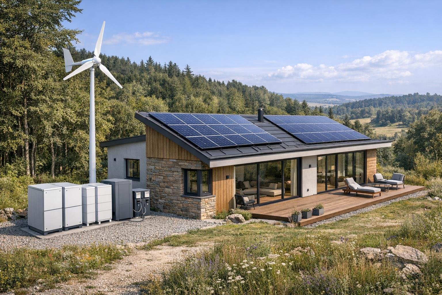 Duurzaam huis met zonnepanelen en windturbine in een groene omgeving.