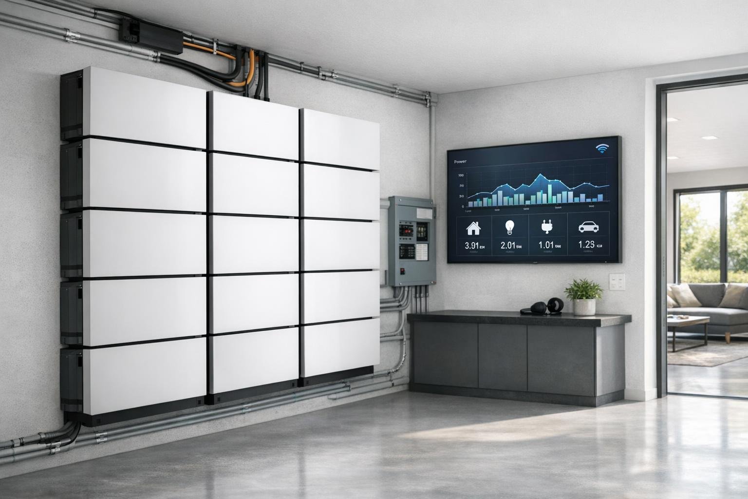 Moderne ruimte met een energieopslagsysteem en een scherm voor gegevensmonitoring.