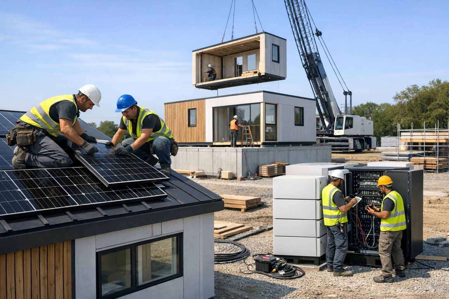 Werknemers installeren zonnepanelen en bouwen een modulair huis op een bouwplaats.