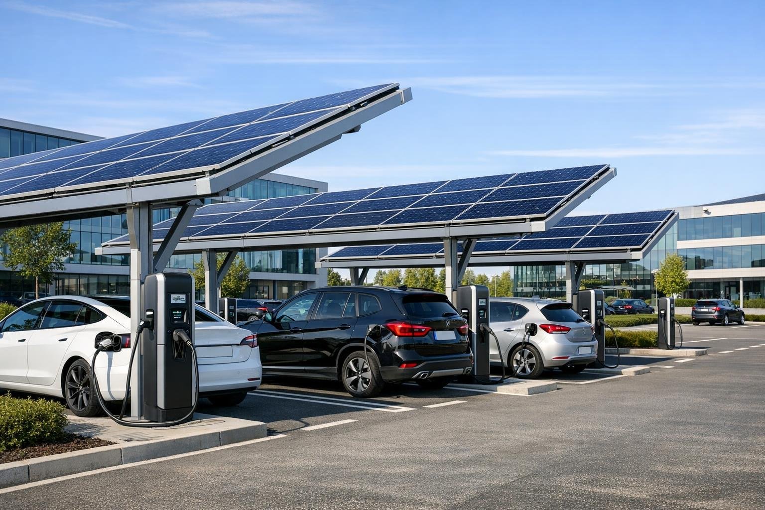 Zonnepanelen boven elektrische laadstations op een parkeerplaats met auto's.