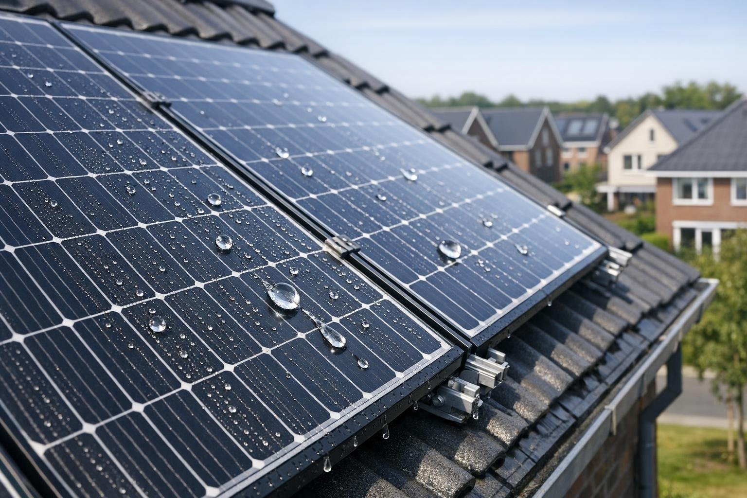 Zonnepanelen op een dak met waterdruppels na een regenbui.